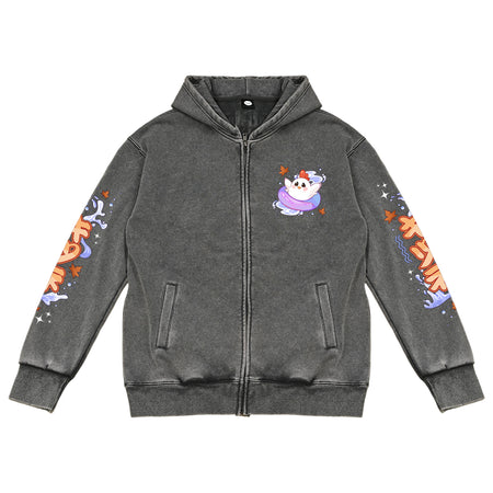 Maple_Chicken Acid Wash Zip-Up Gray Hoodie